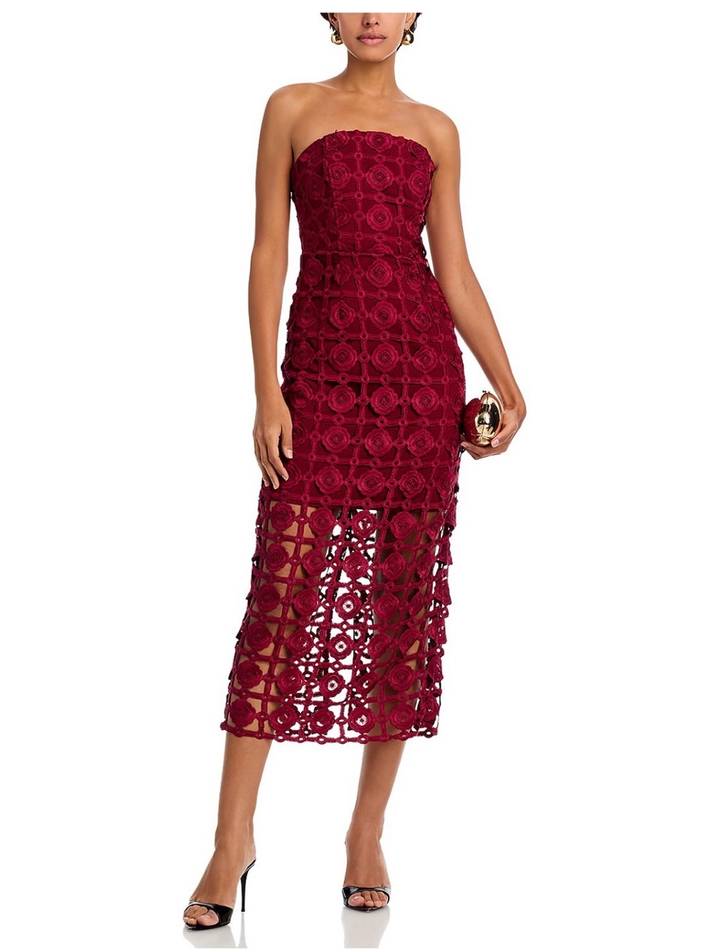 NWT MILLY Kait Tile Lace Strapless Burgundy Midi Dress Size 4 - Picture 3 of 6
